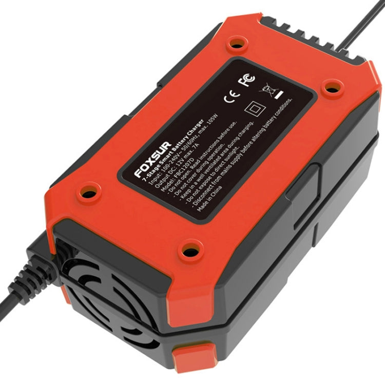 Caricabatterie per riparazione auto / moto FOXSUR 12V 7A Caricabatteria al piombo a 7 stadi + modalità multi-batteria, US Plug, EU Plug, JP Plug, UK Plug