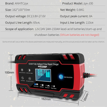 ANHTCzyx 12V 8A / 24V 4A Caricabatterie per auto Caricabatteria per moto Tipo di riparazione batteria AGM, US Plug (Red), EU Plug (Red), UK Plug (Red), AU Plug (Red)